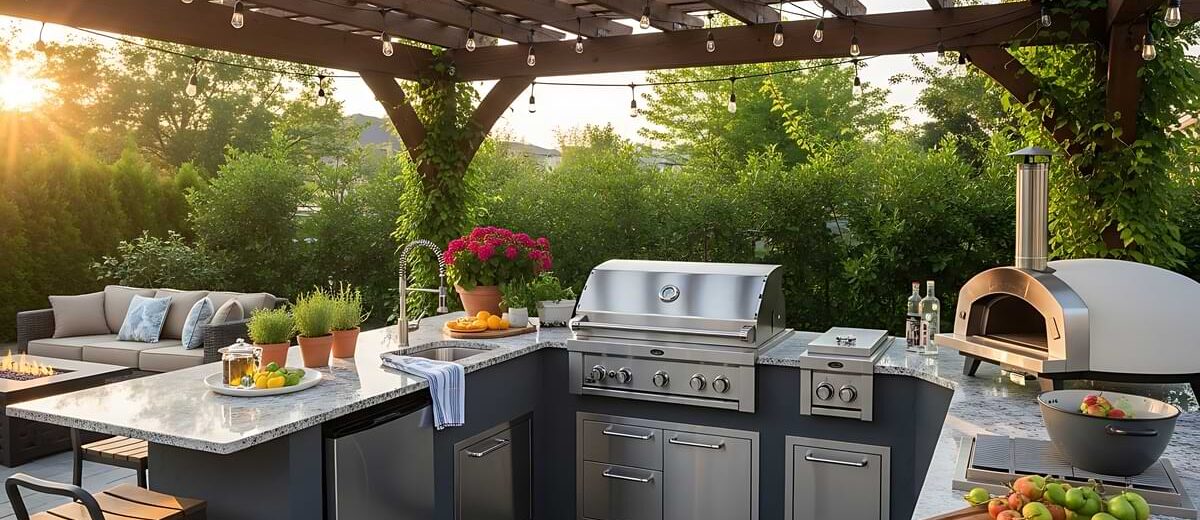 Modern outdoor kitchen with stainless steel grill, refrigerator, drawers, and pizza oven under a wood pergola on a sunny idyllic day.