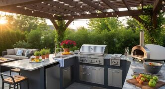 Modern outdoor kitchen with stainless steel grill, refrigerator, drawers, and pizza oven under a wood pergola on a sunny idyllic day.