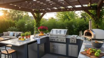 Modern outdoor kitchen with stainless steel grill, refrigerator, drawers, and pizza oven under a wood pergola on a sunny idyllic day.