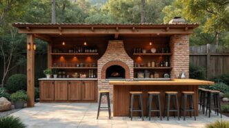 Rustic pizza oven-anchored outdoor bar with three shelves festooned with bottles with a connecting bar-style seating area.