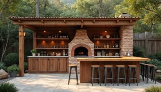 Rustic pizza oven-anchored outdoor bar with three shelves festooned with bottles with a connecting bar-style seating area.