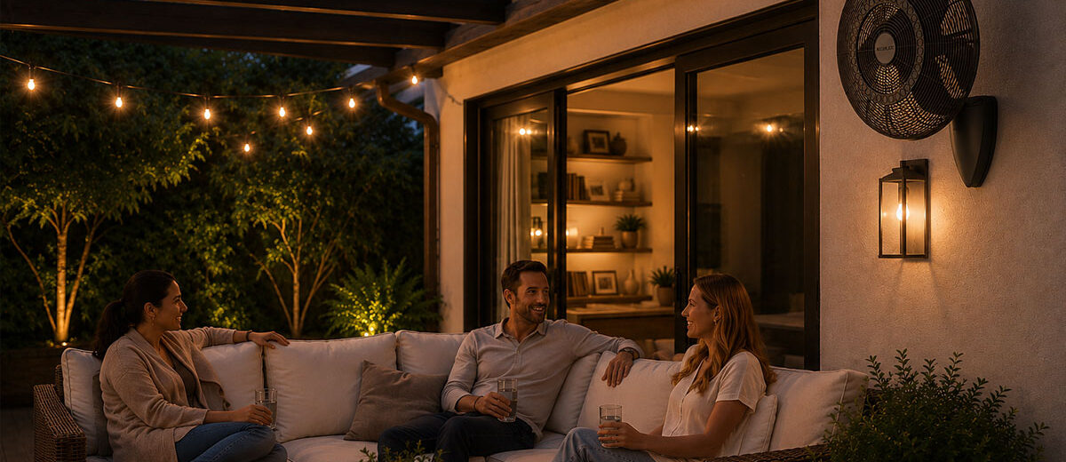 People relaxing on an outdoor patio sofa with a wall mount fan cooling.