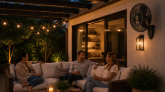 People relaxing on an outdoor patio sofa with a wall mount fan cooling.