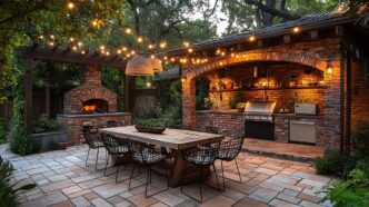 Rustic outdoor kitchen anchored by a dining table and replete with a brick-arched grill and pizza oven, all under a canopy of bistro string lights.