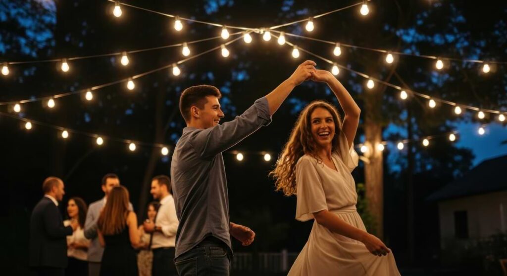Man and woman dancing in a backyard under a canopy of string lights.