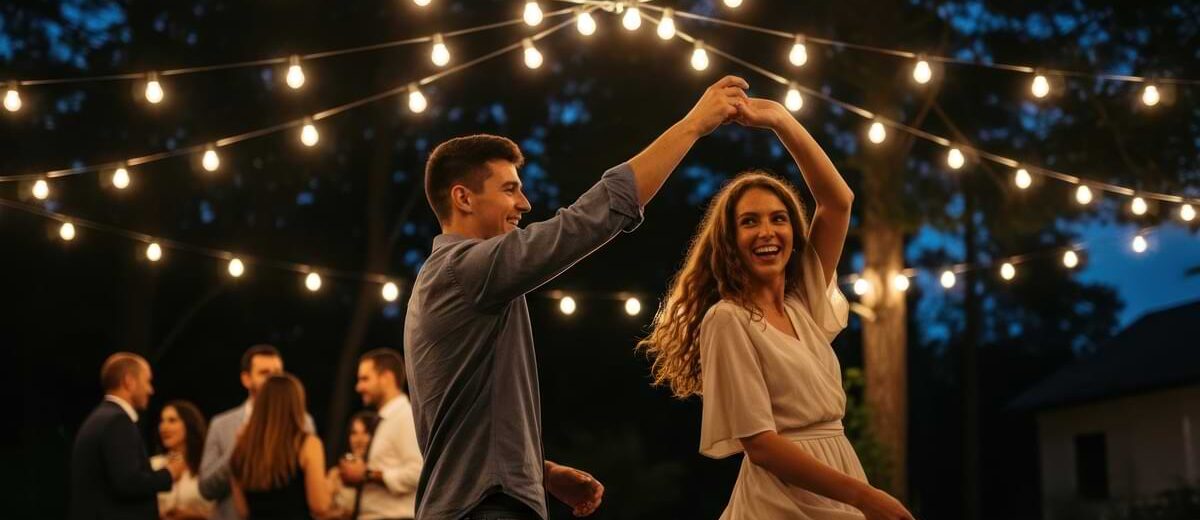 Man and woman dancing in a backyard under a canopy of string lights.