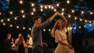 Man and woman dancing in a backyard under a canopy of string lights.
