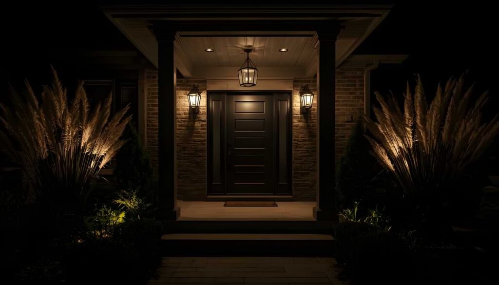 Front of house with outdoor wall lanterns on both sides of the black door with a pendant light hanging over door.