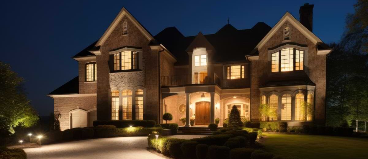 Driveway with path lights running along it as it leads to a two-story suburban home.