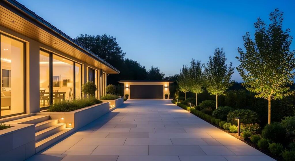 Driveway with modern, L-shaped path lights lining the right side leading up to a closed garage.