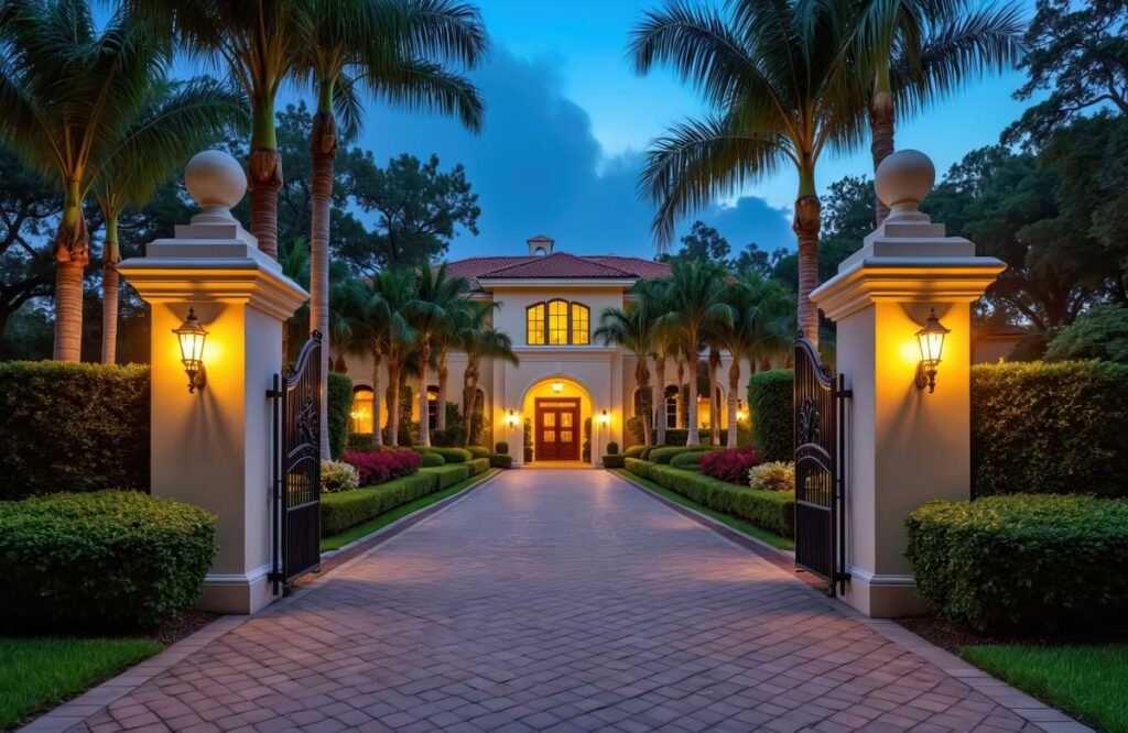 Illuminated lanterns mounted on two posts flanking a brick driveway leading to a Spanish style home.