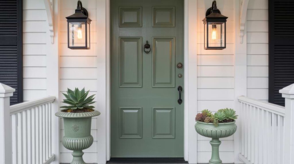 Two outdoor wall lantern lights mounted to a home's white siding flanking a seafoam green color door.