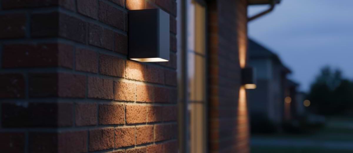 Black square sconce lights on a brick wall with lights shining up and down at dusk.