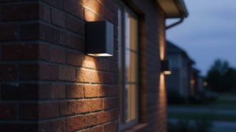 Black square sconce lights on a brick wall with lights shining up and down at dusk.