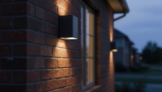 Black square sconce lights on a brick wall with lights shining up and down at dusk.
