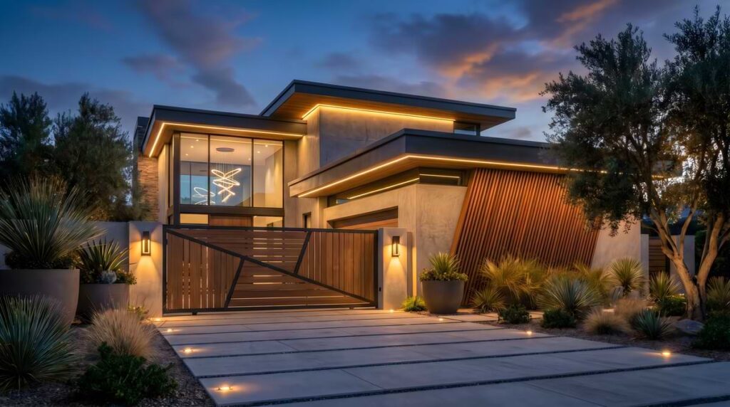 Inground lights along the sides of a driveway leading to a modern wood panel gate of an equally modern house.