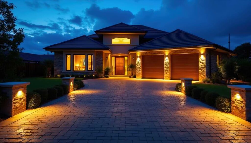 Driveway flanked by brick posts and shrubs with lights embed in the posts with lights shining downward onto driveway.