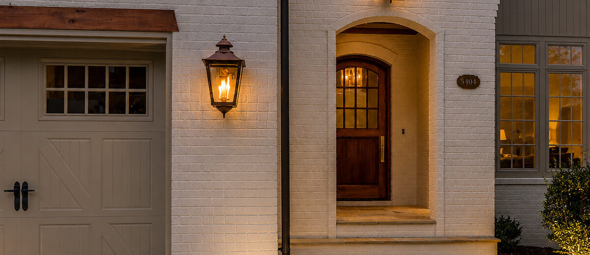 Front of white brick home with two outdoor coach lights, one above the doorway arch and one to the right of the garage door.