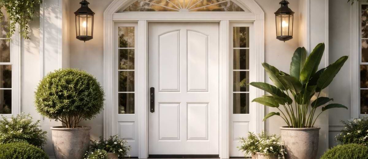 Two pendant lights hanging on each side of a white front door.