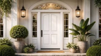 Two pendant lights hanging on each side of a white front door.