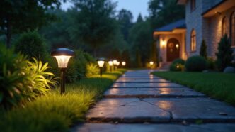 Stone sidewalk with solar path lights lining the left side as it leads to the front door of an upper middle class mcmansion.