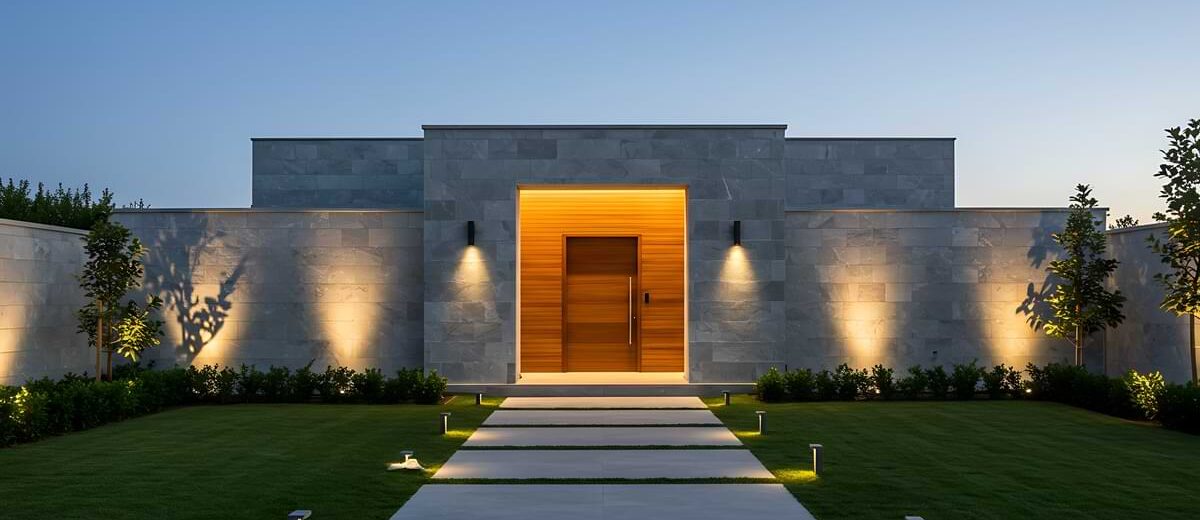 Path light-flanked pathway leading to the front of a modern home at dusk with uplights illuminating a retaining wall and sconces on both sides of the front entrance.