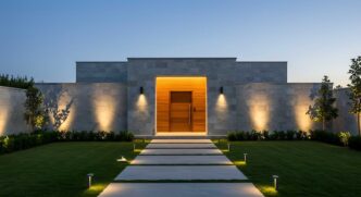 Path light-flanked pathway leading to the front of a modern home at dusk with uplights illuminating a retaining wall and sconces on both sides of the front entrance.
