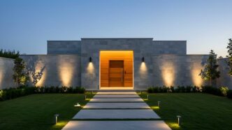 Path light-flanked pathway leading to the front of a modern home at dusk with uplights illuminating a retaining wall and sconces on both sides of the front entrance.