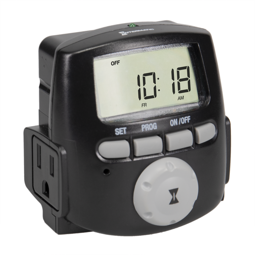 Black Intermatic light timer with white background.