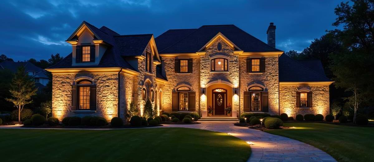 Upscale stucco and flagstone home festooned with landscape lighting at dusk on a cloudy evening.