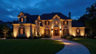 Upscale stucco and flagstone home festooned with landscape lighting at dusk on a cloudy evening.