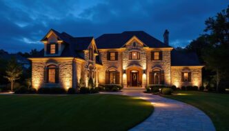 Upscale stucco and flagstone home festooned with landscape lighting at dusk on a cloudy evening.