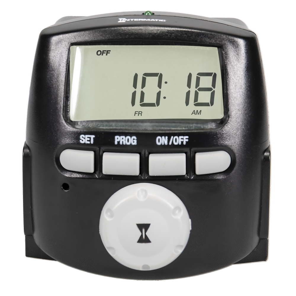 Black Intermatic light timer with white background.