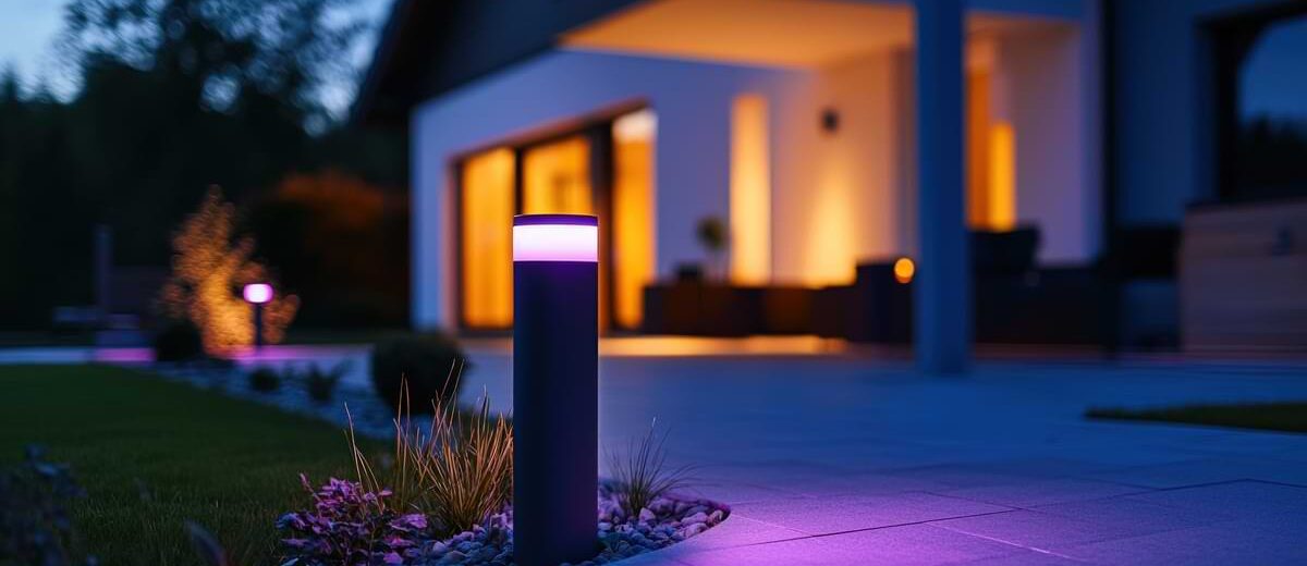 Bollard light with purple landscape lighting color filter gently illuminating an adjacent walkway.