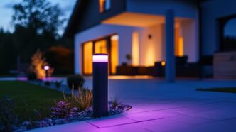 Bollard light with purple landscape lighting color filter gently illuminating an adjacent walkway.