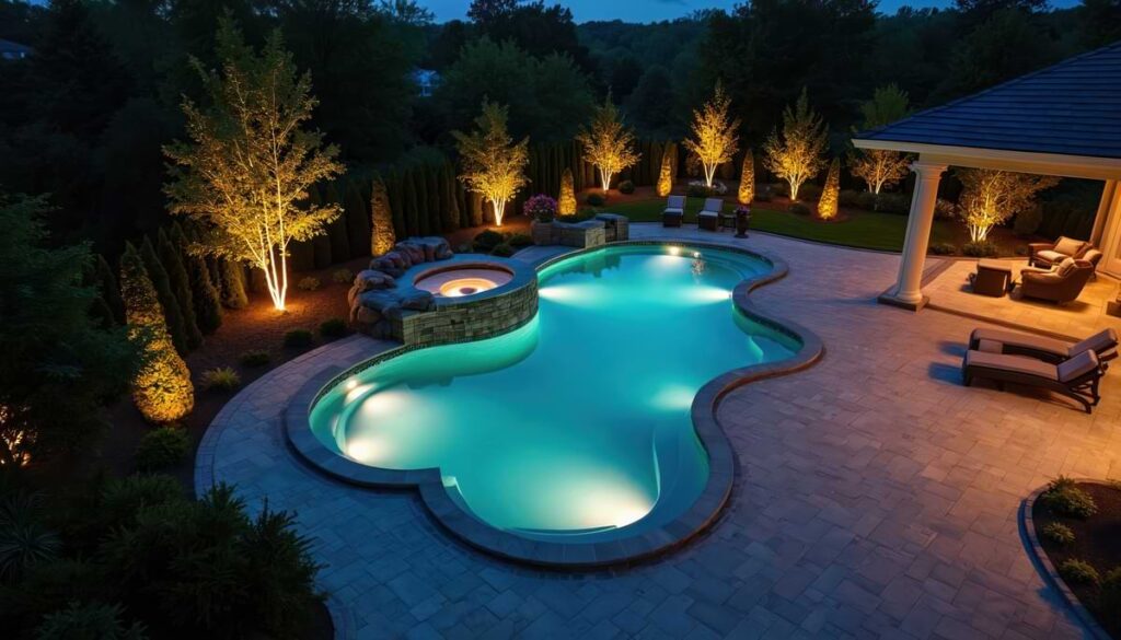 Gorgeous backyard anchored by a swimming pool with an en suite hot tub and landscape lights illuminating surrounding trees and foliage.