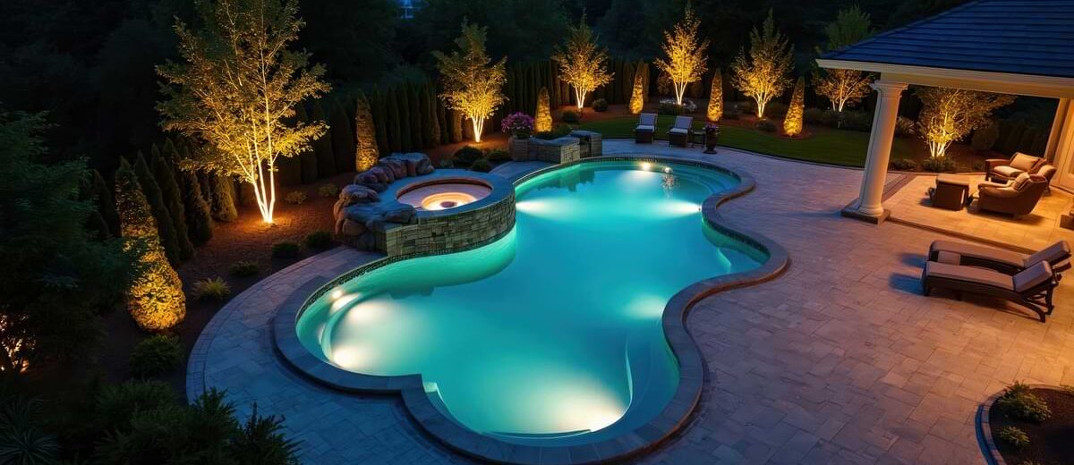 Gorgeous backyard anchored by a swimming pool with an en suite hot tub and landscape lights illuminating surrounding trees and foliage.