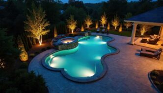 Gorgeous backyard anchored by a swimming pool with an en suite hot tub and landscape lights illuminating surrounding trees and foliage.
