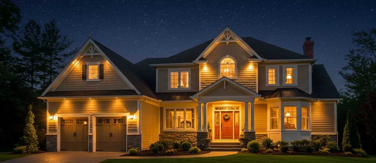 Two-story country home illuminated by landscape lights on a stary night.