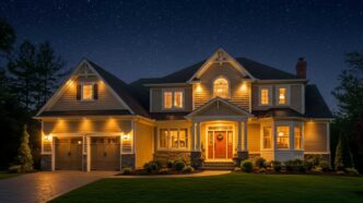 Two-story country home illuminated by landscape lights on a stary night.