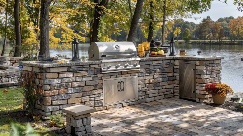 Lake adjacent small outdoor kitchen constructed with brick and stone, featuring an outdoor grill and refrigerator.