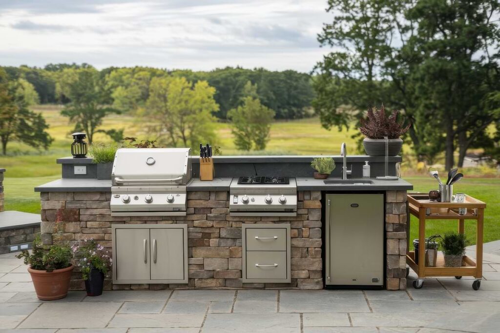 linear style outdoor kitchen with a scenic open space backdrop bordered by trees on a sunny day.