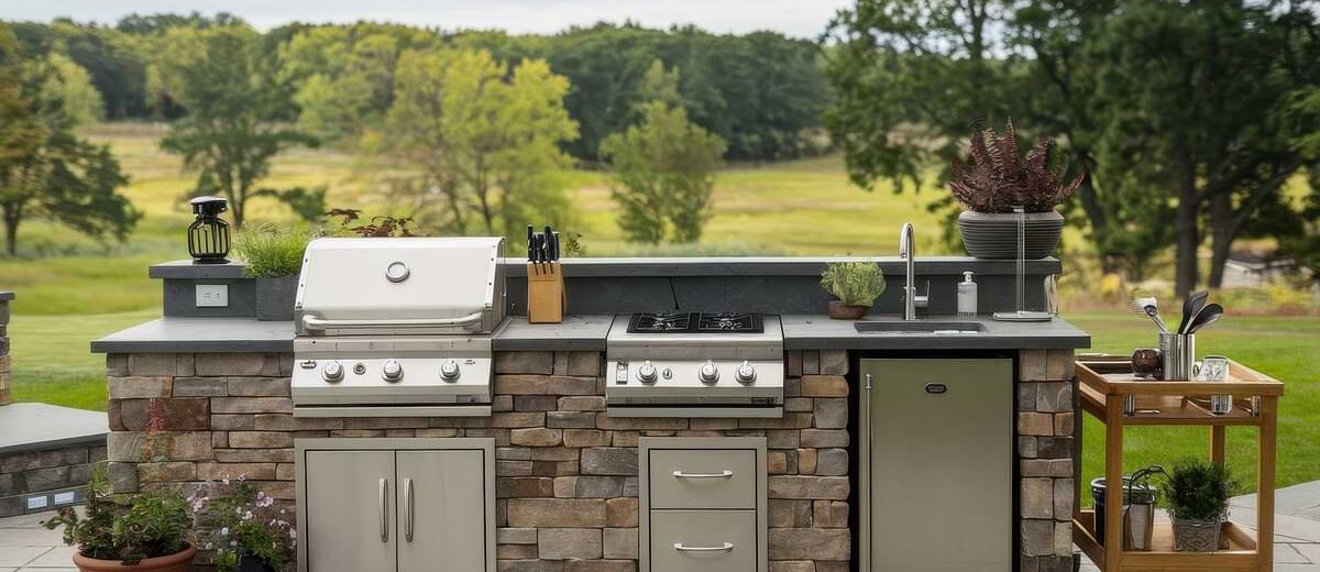 linear style outdoor kitchen with a scenic open space backdrop bordered by trees on a sunny day.