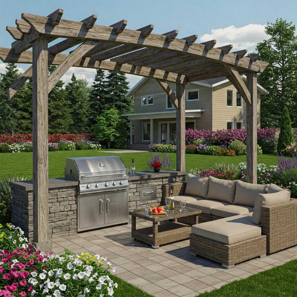 Small space outdoor kitchen under a small rustic pergola on a picturesque day.