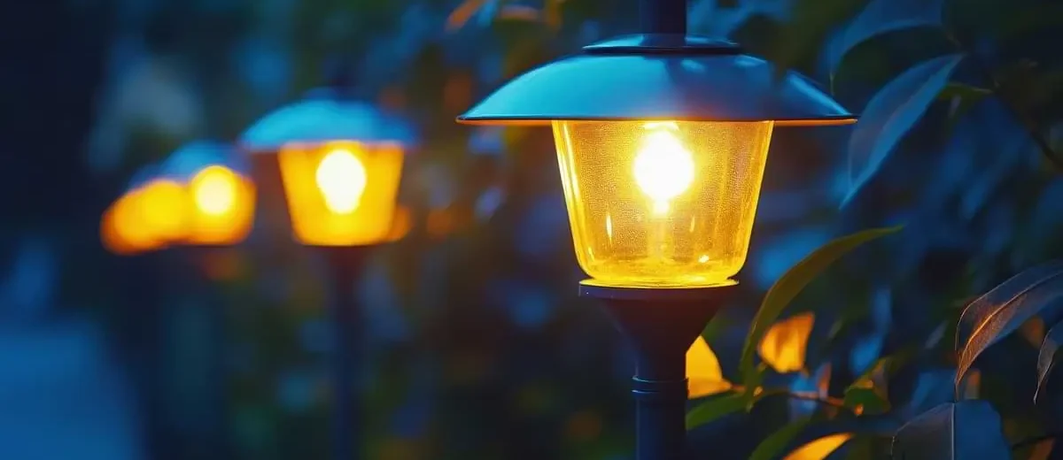 Solar path lights illuminated at night.