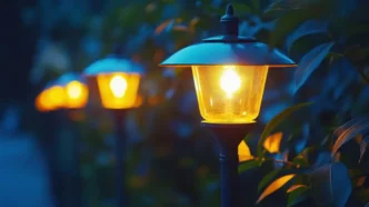 Solar path lights illuminated at night.