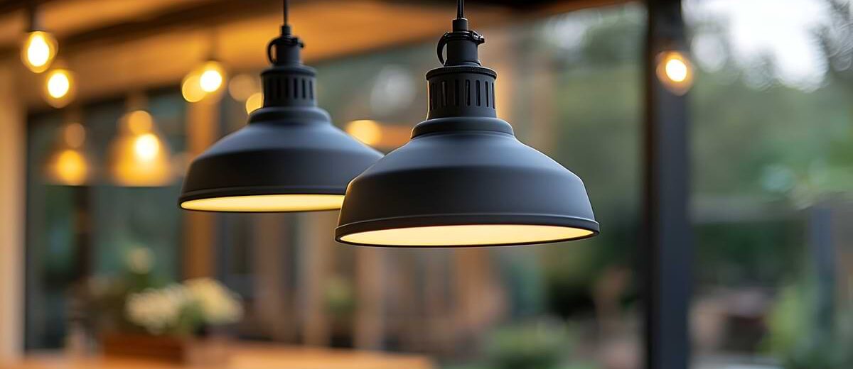 Classic black pendant lights hanging in a backyard at dusk.