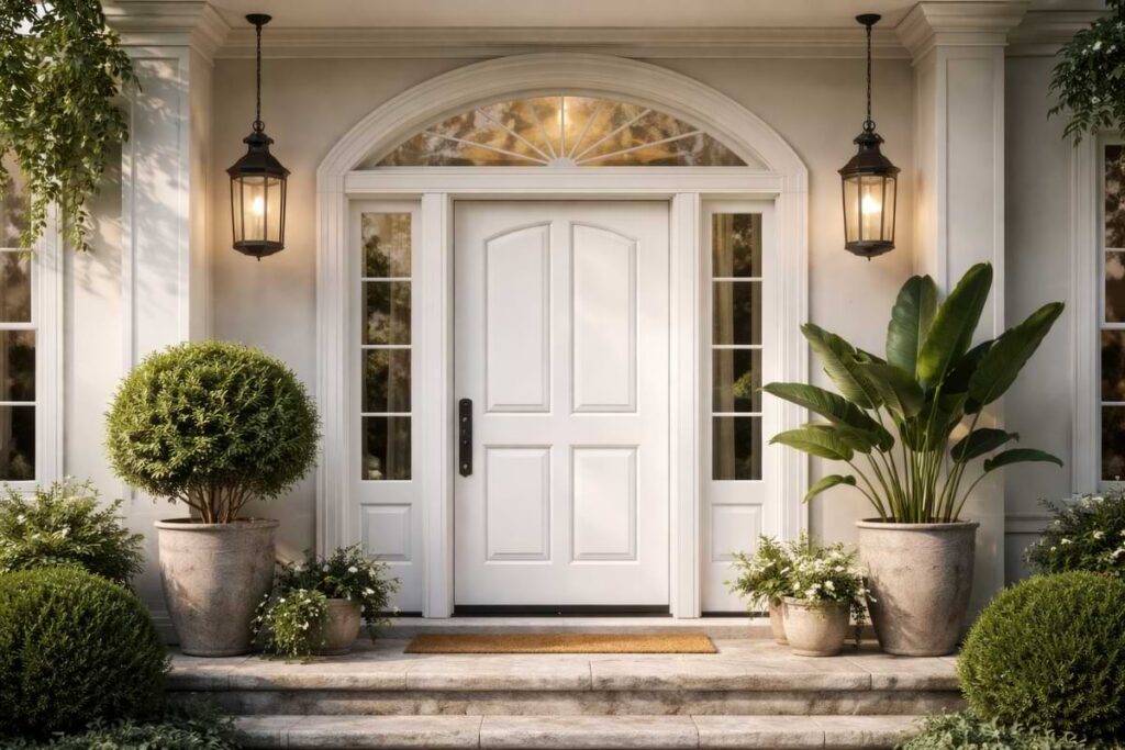 Two pendant lights hanging on each side of a white front door.