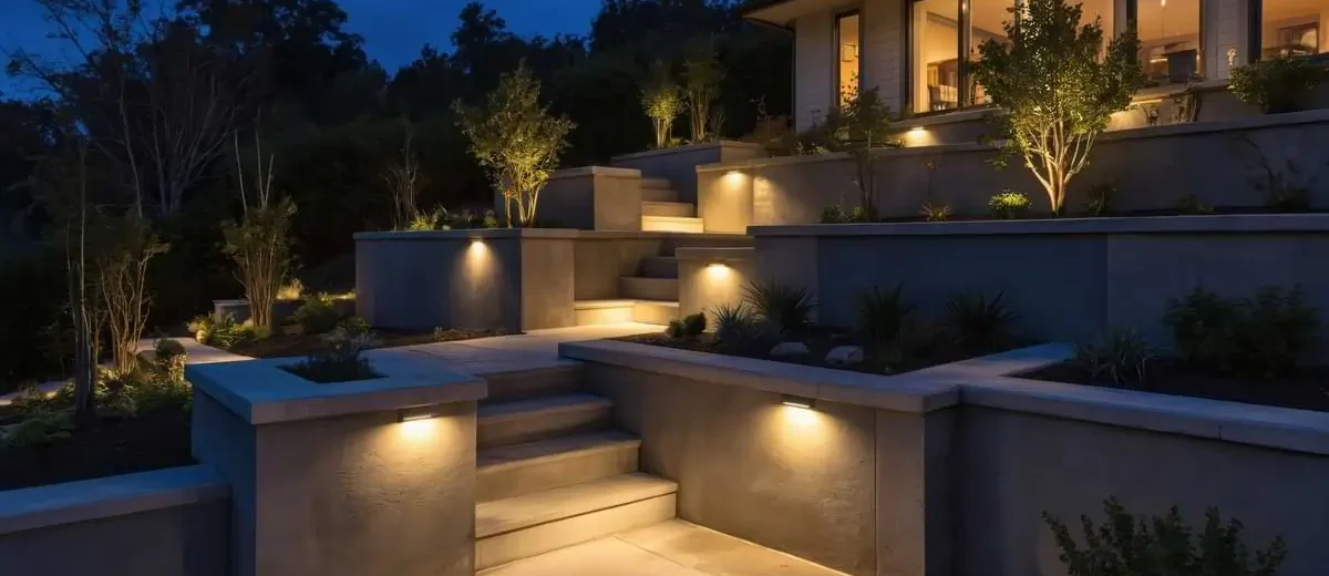 Hardscape lighting tucked underneath ledges of retaining walls flanking steps leading to the backdoor of a house at dusk.