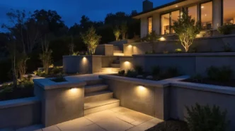 Hardscape lighting tucked underneath ledges of retaining walls flanking steps leading to the backdoor of a house at dusk.